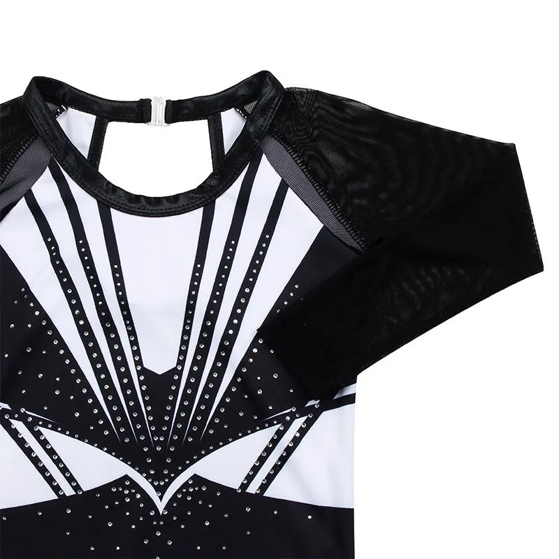 Classical Black Diamond 3/4 Mesh Sleeve Gymnastics Leotard Set for Girls