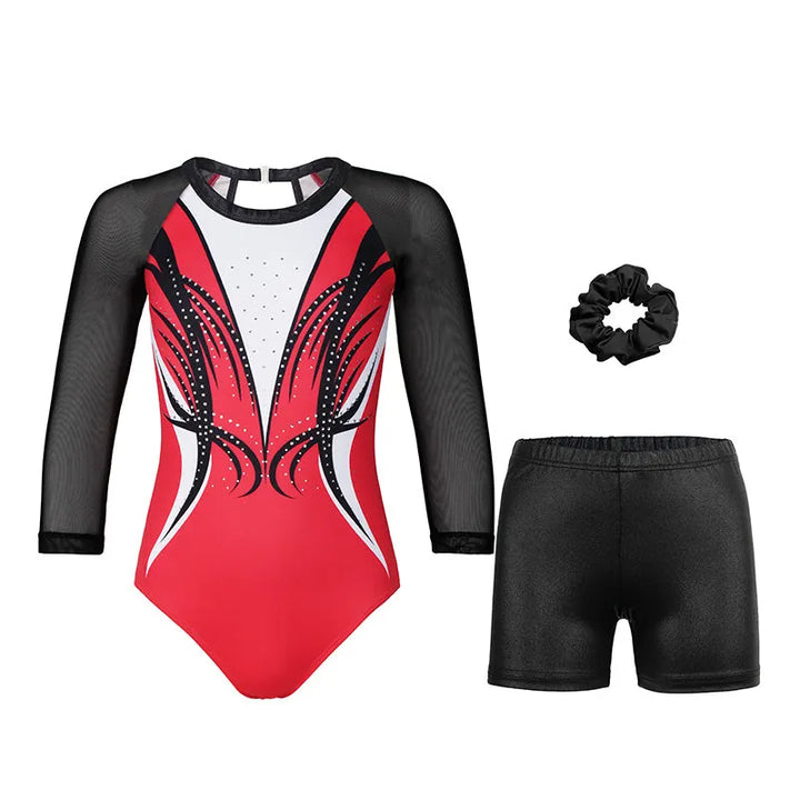 Red-black Diamond 3/4 Mesh Sleeve Gymnastics Leotard Set for Girls