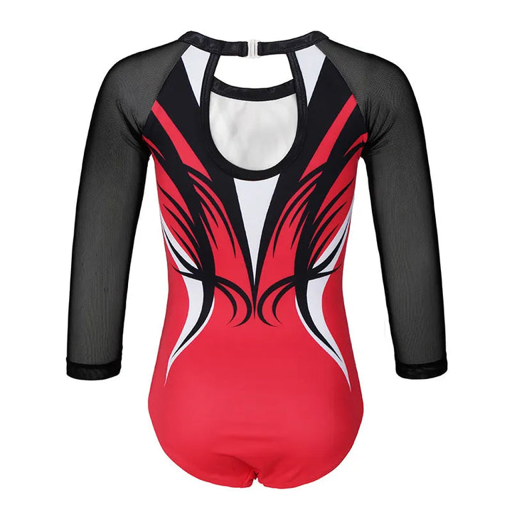 Red-black Diamond 3/4 Mesh Sleeve Gymnastics Leotard Set for Girls