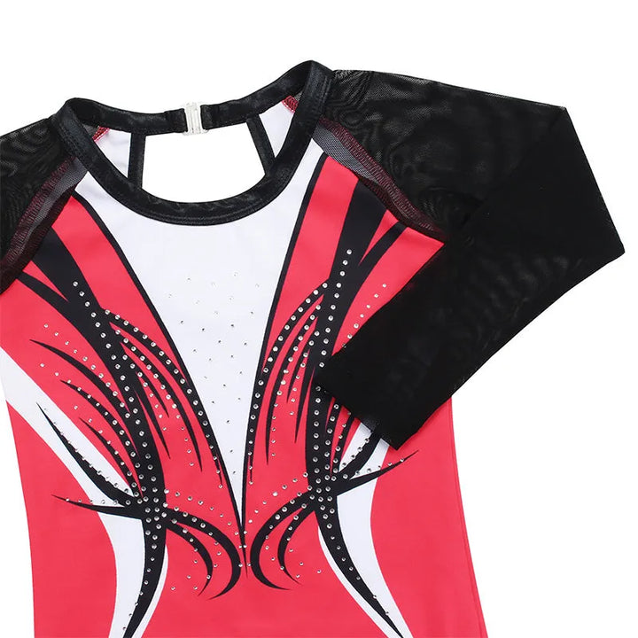 Red-black Diamond 3/4 Mesh Sleeve Gymnastics Leotard Set for Girls