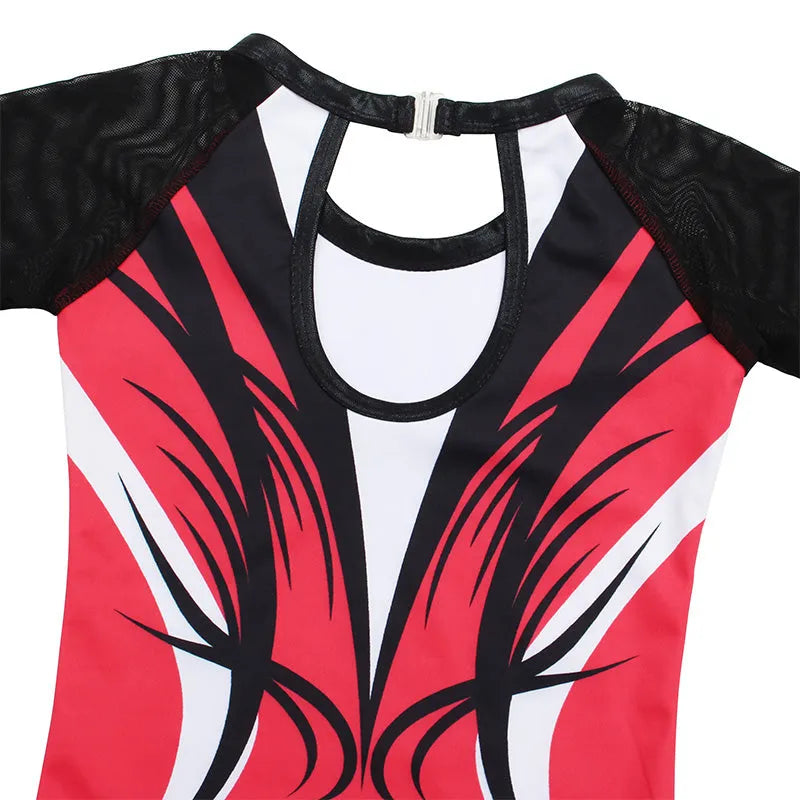 Red-black Diamond 3/4 Mesh Sleeve Gymnastics Leotard Set for Girls