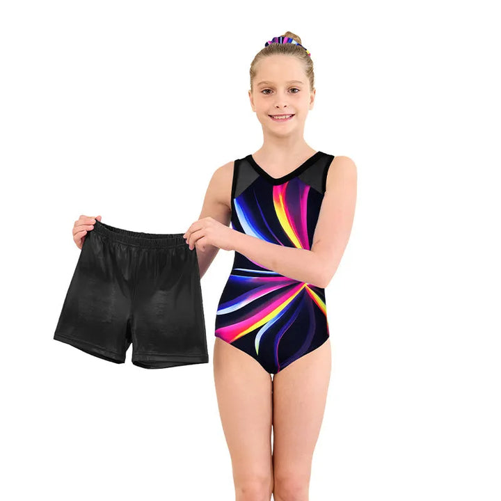 Sparkly Flower  Pattern Mesh Leotards for Girls With Shorts Packable