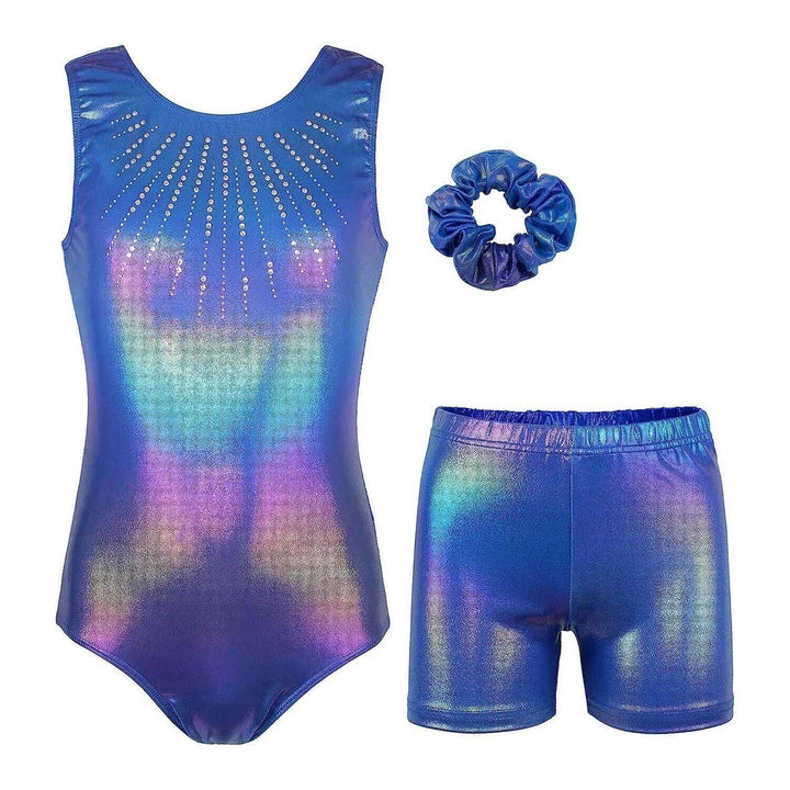 Full view of Indigo Crystal Holographic Leotard Set