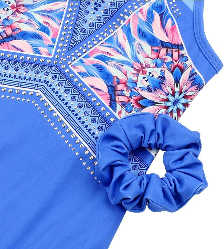 Matching Scrunchie with Bluish Prints Pattern Gymnastics Leotard