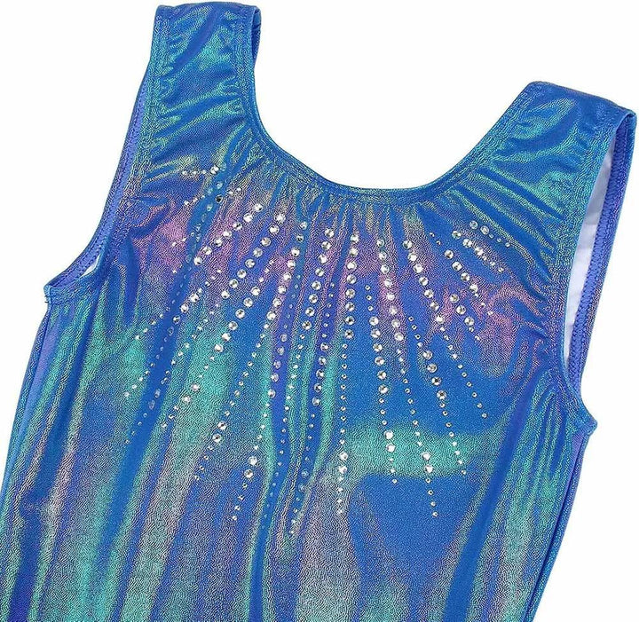 Close-up view of Indigo Crystal Holographic Gymnastics Leotard