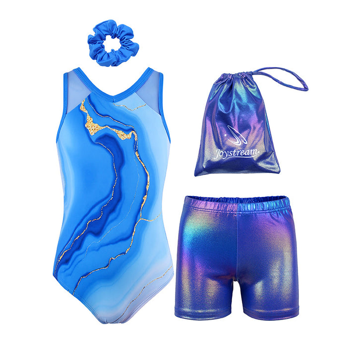 Blue Marble Rush Mesh Tank V-Back Gymnastics Leotard Set