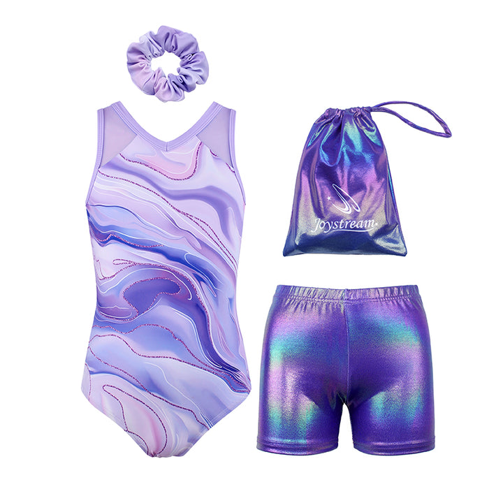 Purple Marble Rush Mesh Tank V-Back Gymnastics Leotard Set