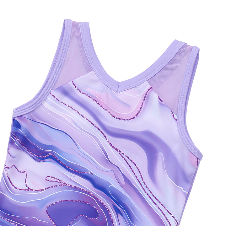 Purple Marble Rush Mesh Tank V-Back Gymnastics Leotard Set