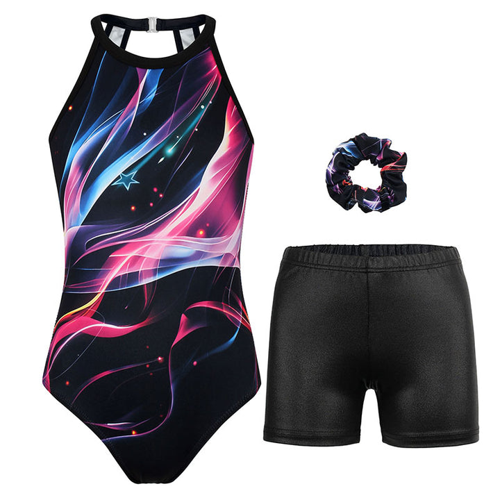 Multicolor Line Open Back Gymnastics Leotard Set