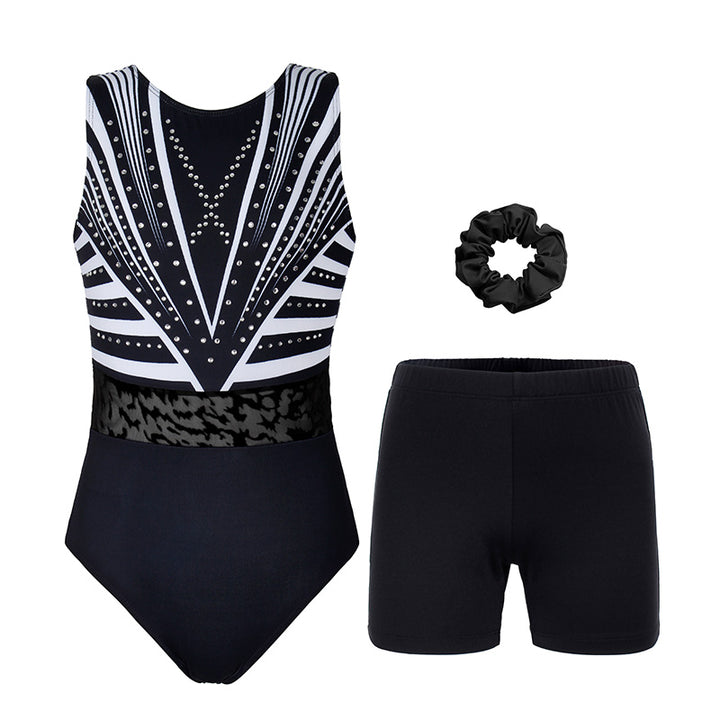 Classical Black Diamond Leotard Set for Girls, Adult, Child With Shorts