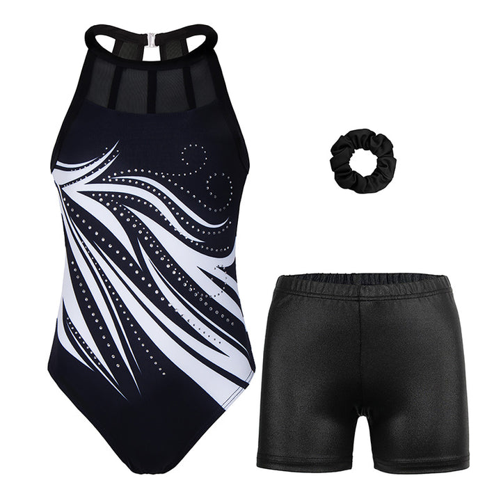 White-black Diamond Mesh Tank Open Back Gymnastics Leotard Set