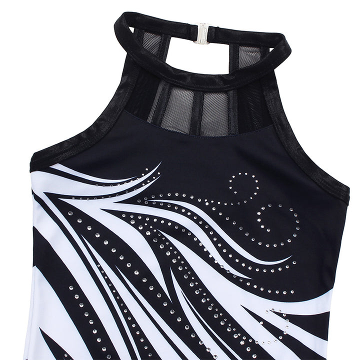 White-black Diamond Mesh Tank Open Back Gymnastics Leotard Set