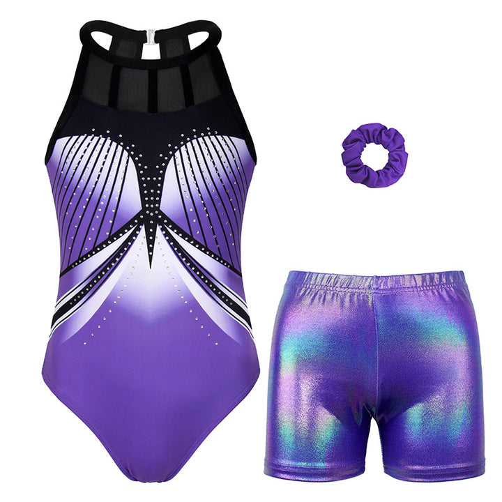 Violet Diamond Mesh Tank Open Back Gymnastics Leotard Set