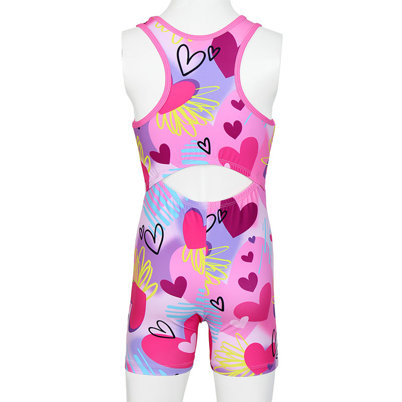 Multicolor Hearts Pattern Biketard Unitard for Girls