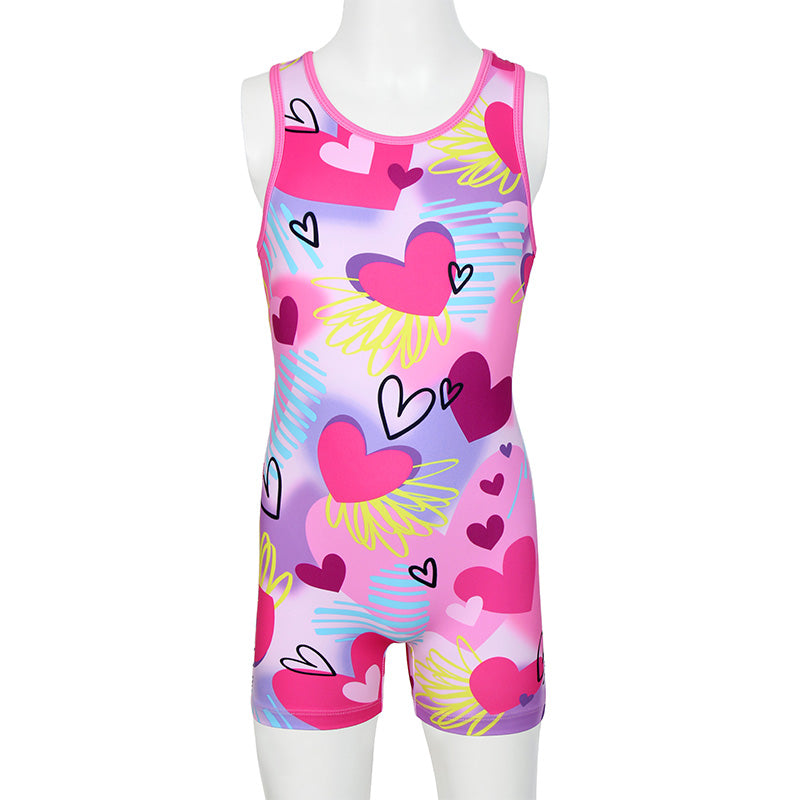 Multicolor Hearts Pattern Biketard Unitard for Girls