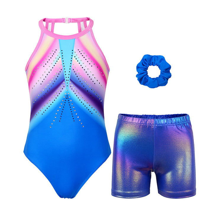 Colorful-diamond Clasp Back Gymnastics Leotard Set