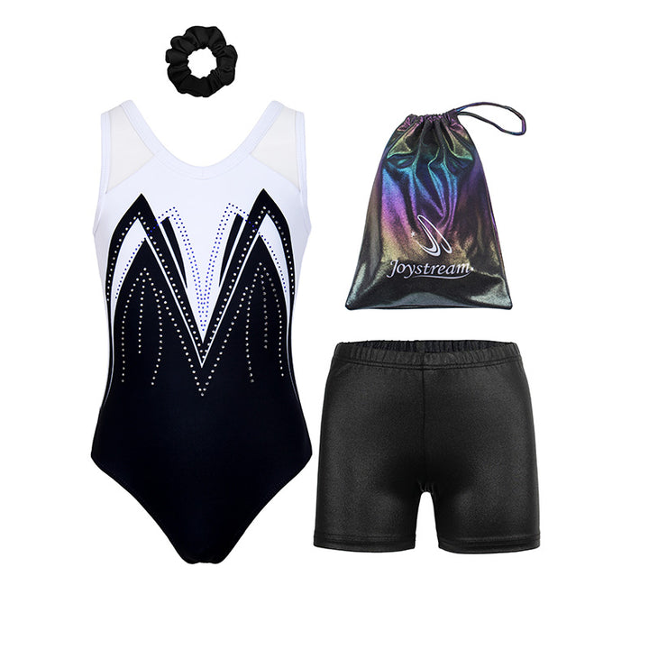 Classical Black-white Rush Mesh Tank V-Back Gymnastics Leotard Set