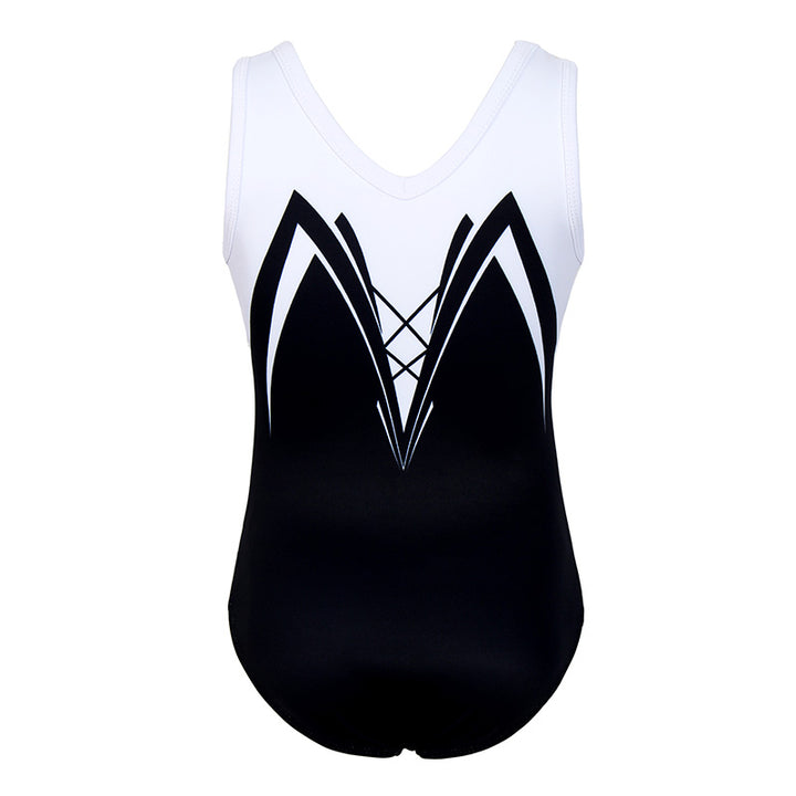 Classical Black-white Rush Mesh Tank V-Back Gymnastics Leotard Set