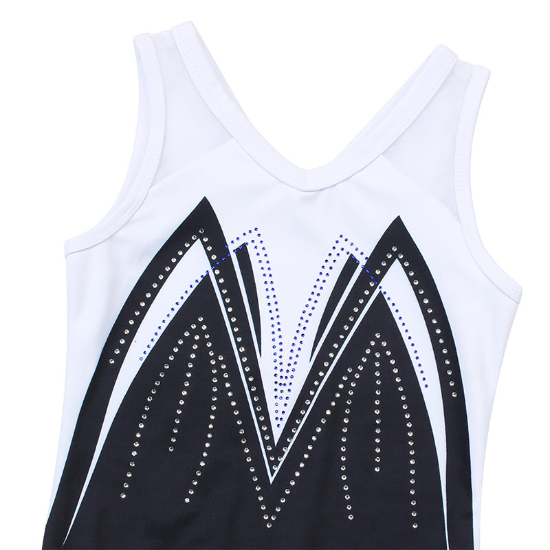 Classical Black-white Rush Mesh Tank V-Back Gymnastics Leotard Set