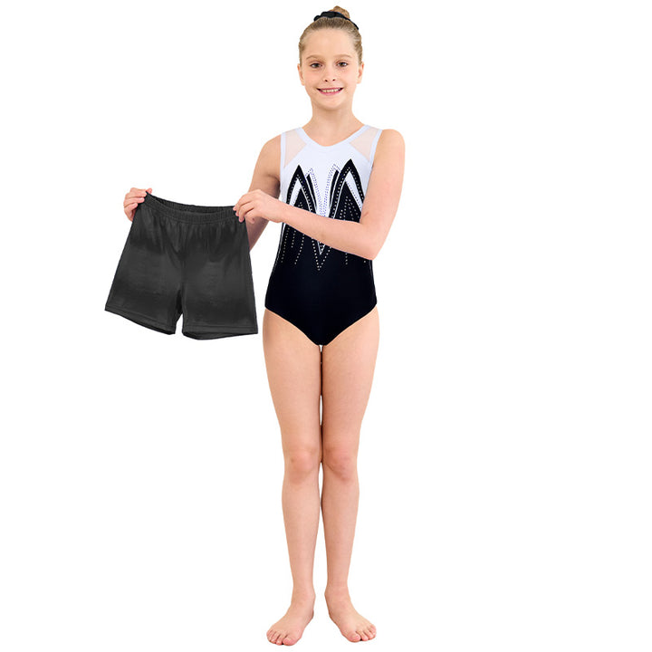 Classical Black-white Rush Mesh Tank V-Back Gymnastics Leotard Set