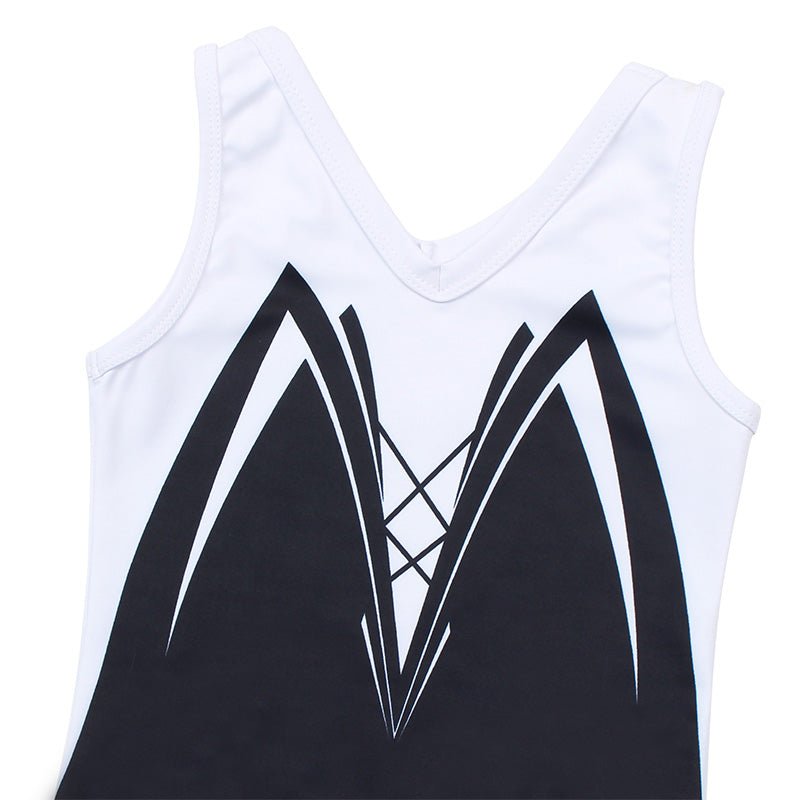 Classical Black-white Rush Mesh Tank V-Back Gymnastics Leotard Set