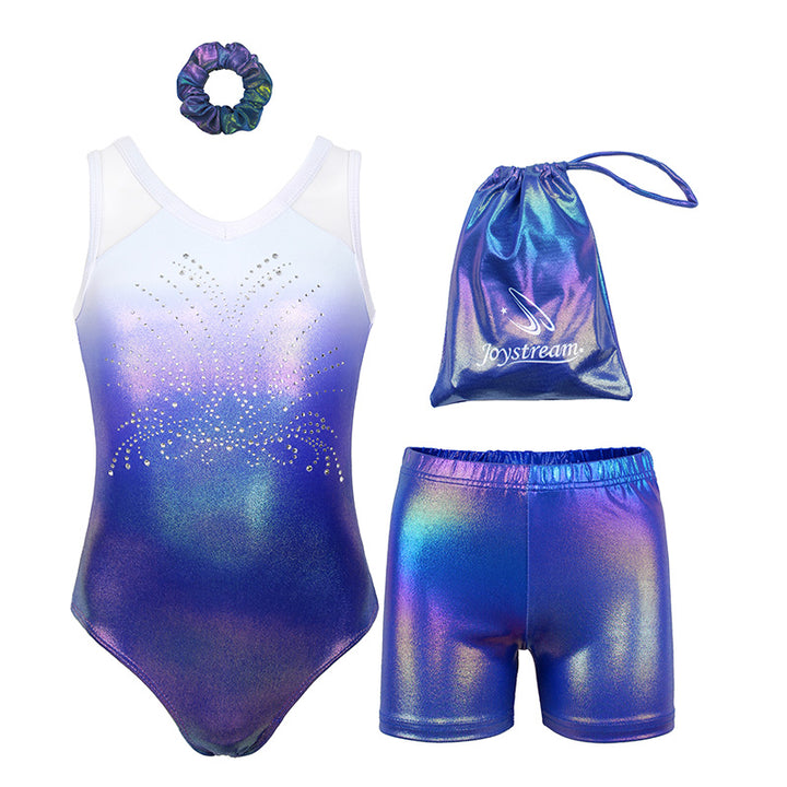 Gradient White Blue Diamond Rush Mesh Tank V-Back Gymnastics Leotard Set