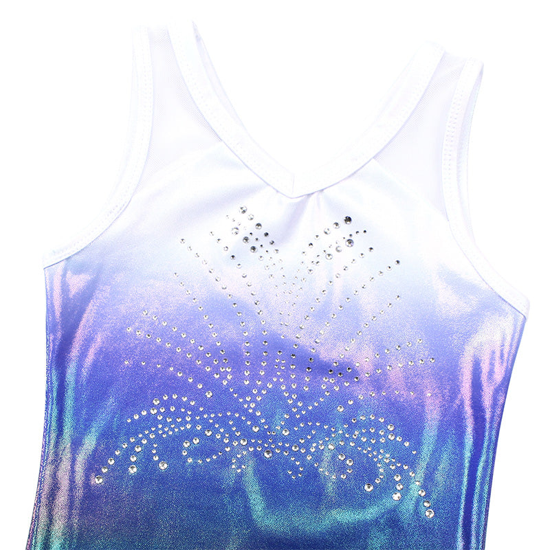 Gradient White Blue Diamond Rush Mesh Tank V-Back Gymnastics Leotard Set