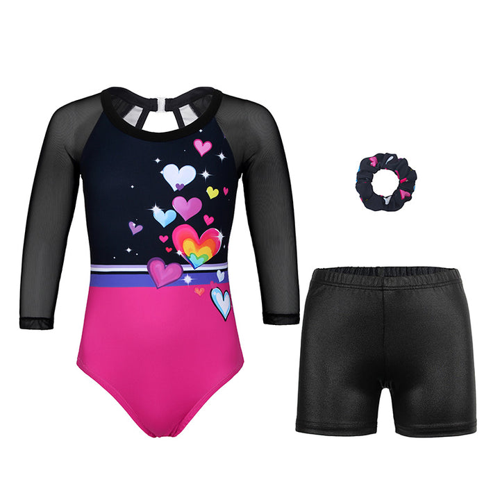 Beautiful Hearts 3/4 Mesh Sleeve Gymnastics Leotard Set for Girls