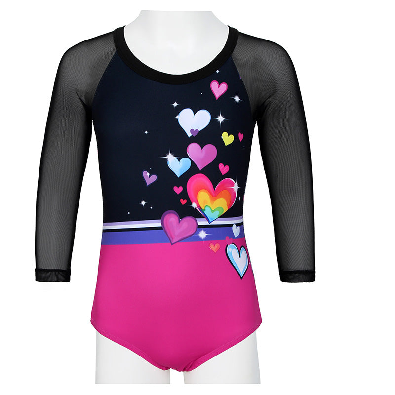 Beautiful Hearts 3/4 Mesh Sleeve Gymnastics Leotard Set for Girls