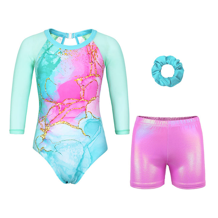 Mint Marble 3/4 Mesh Sleeve Mesh Gymnastics Leotard Set for Girls