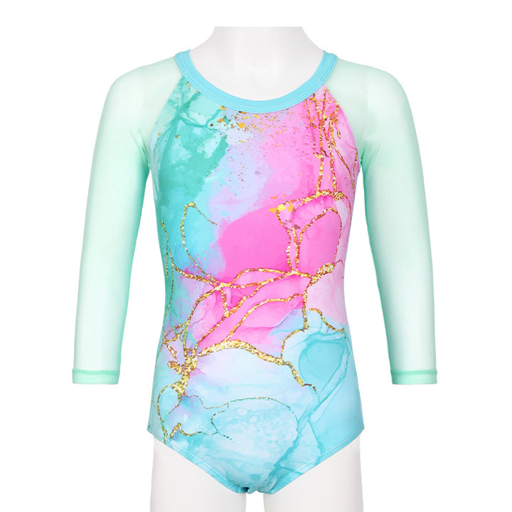 Mint Marble 3/4 Mesh Sleeve Mesh Gymnastics Leotard Set for Girls