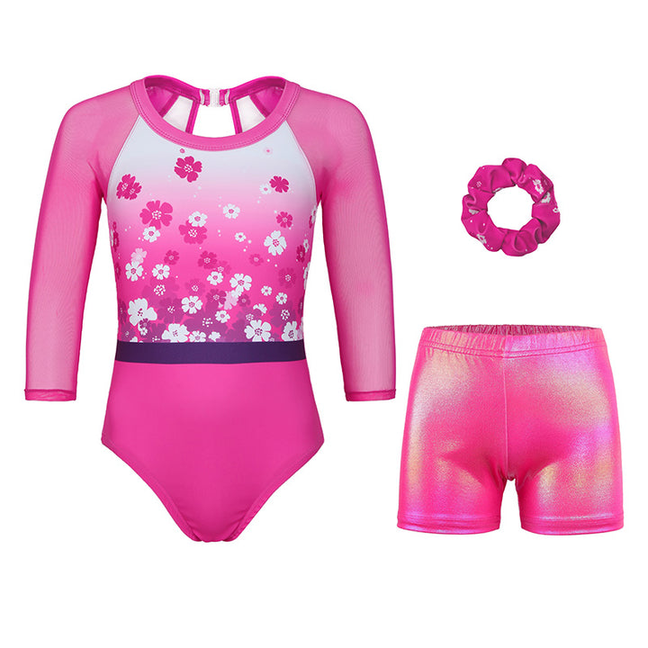 Romantic Flower 3/4 Mesh Sleeve Mesh Gymnastics Leotard Set for Girls