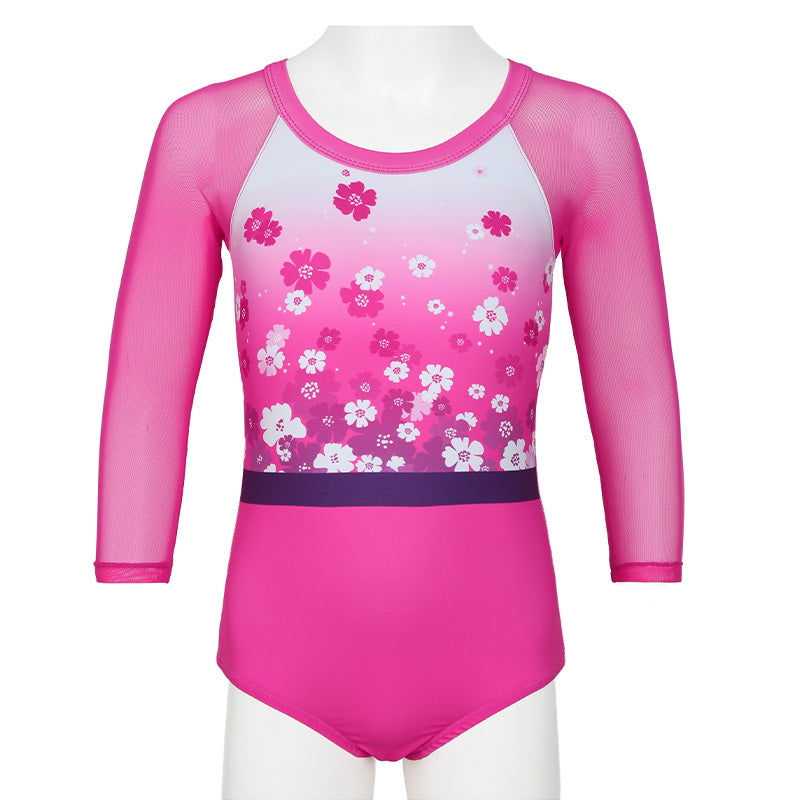 Romantic Flower 3/4 Mesh Sleeve Mesh Gymnastics Leotard Set for Girls