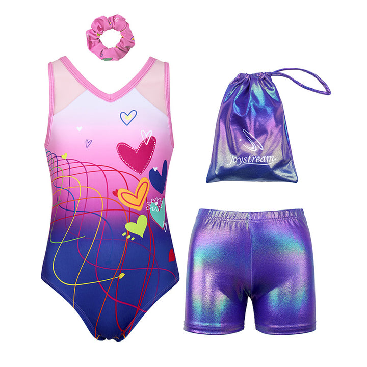 Multicolor Hearts Diamond Rush Mesh Tank V-Back Gymnastics Leotard Set