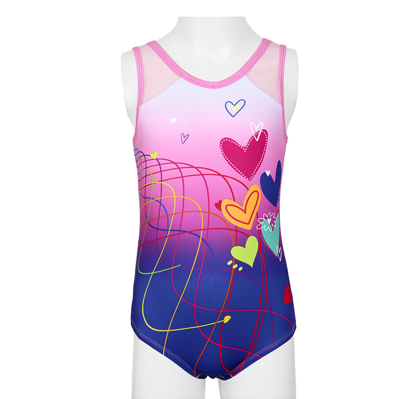 Multicolor Hearts Diamond Rush Mesh Tank V-Back Gymnastics Leotard Set