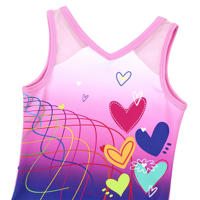 Multicolor Hearts Diamond Rush Mesh Tank V-Back Gymnastics Leotard Set