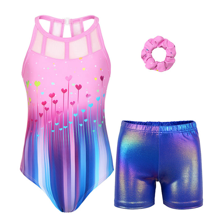 Multicolor Hearts Mesh Tank Open Back Gymnastics Leotard Set