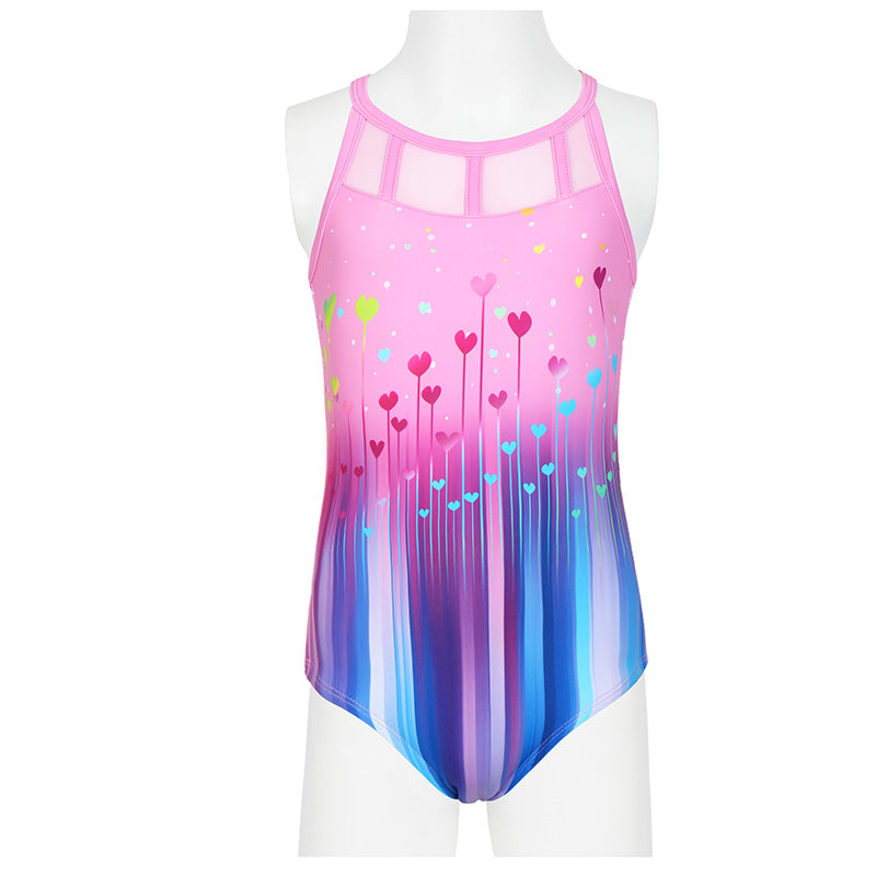 Multicolor Hearts Mesh Tank Open Back Gymnastics Leotard Set