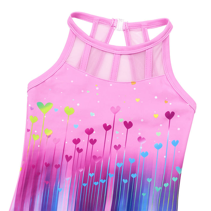 Multicolor Hearts Mesh Tank Open Back Gymnastics Leotard Set