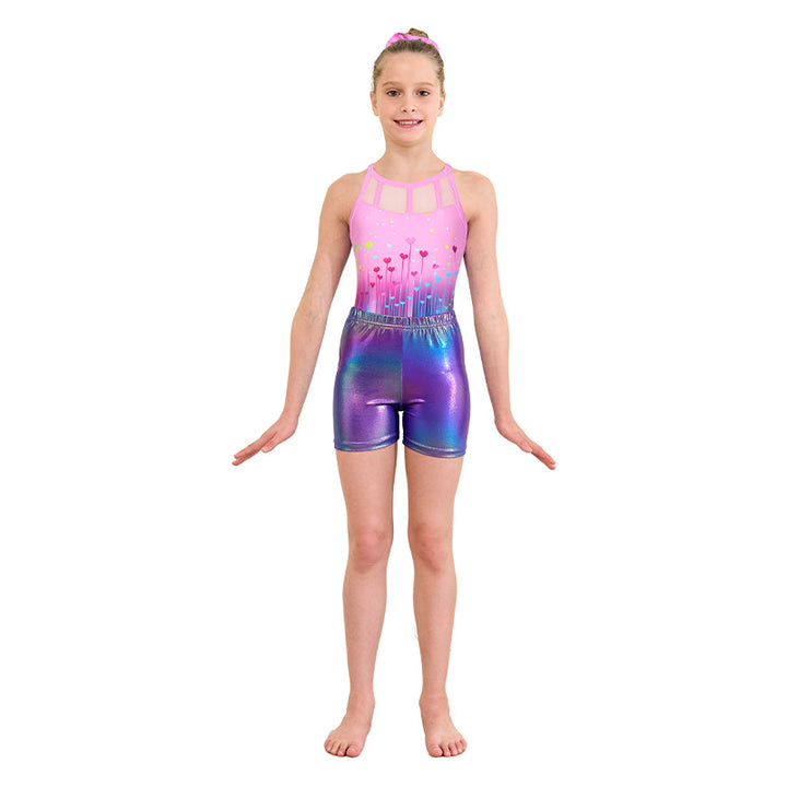 Multicolor Hearts Mesh Tank Open Back Gymnastics Leotard Set