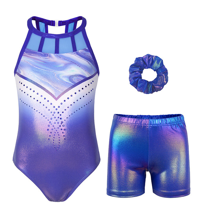 Diamond Blue Mesh Tank Open Back Gymnastics Leotard Set for Gilrs