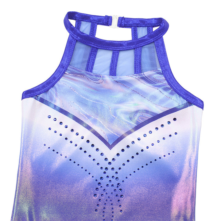 Diamond Blue Mesh Tank Open Back Gymnastics Leotard Set for Gilrs