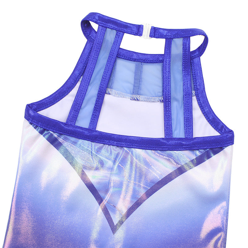 Diamond Blue Mesh Tank Open Back Gymnastics Leotard Set for Gilrs