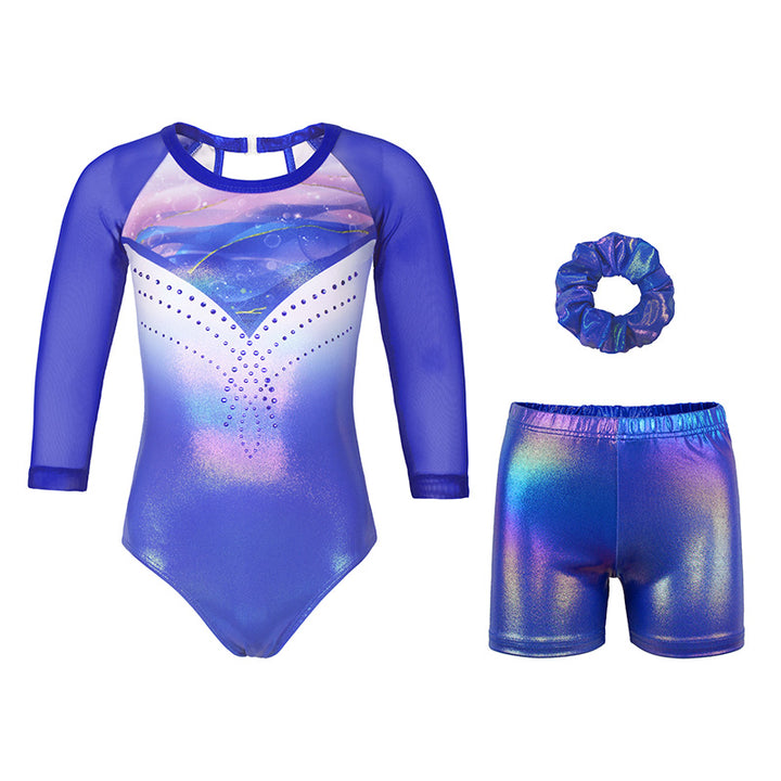 Royalblue Diamond 3/4 Mesh Sleeve Mesh Gymnastics Leotard Set for Girls