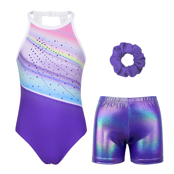 Gorgeous Purple Diamond Clasp Back Gymnastics Leotard Set