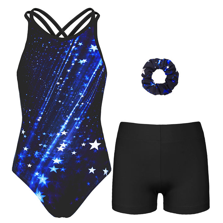 Mystery Cosmic Crisscross Back Gymnastics Leotard Set for Girls