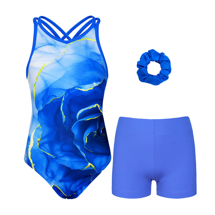 Blue Rose Crisscross Back Gymnastics Leotard Set for Girls