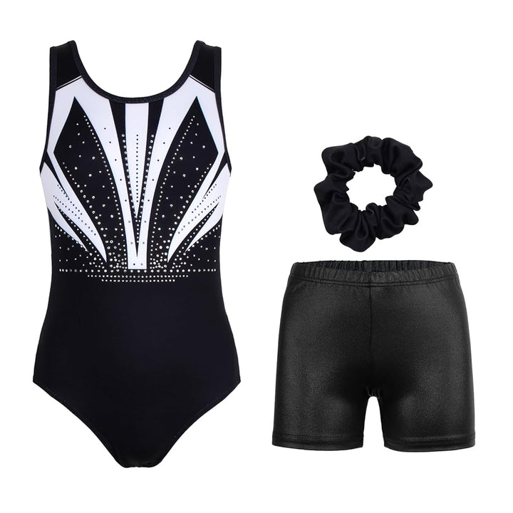 Full view of the Black Blooming Diamond Leotard Set including shorts and scrunchie