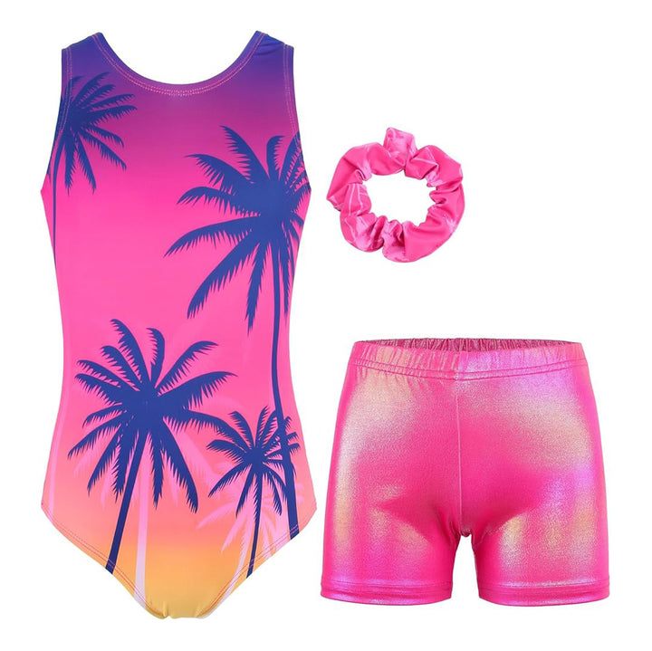 Full view of the Pink Coconut Tree Leotard Set including shorts and scrunchie
