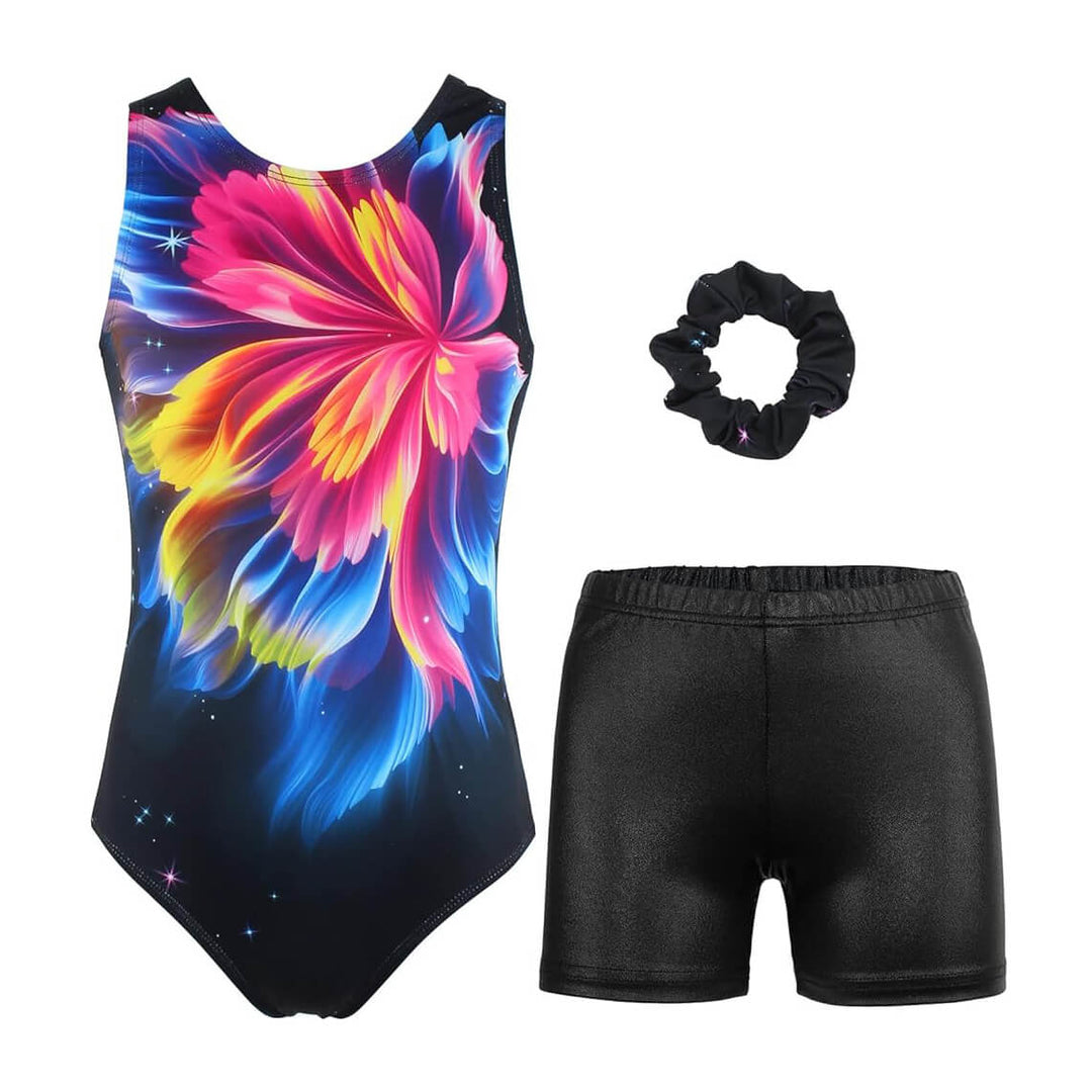 Full view of the Dazzling Flower Gymnastics Set including shorts and scrunchie